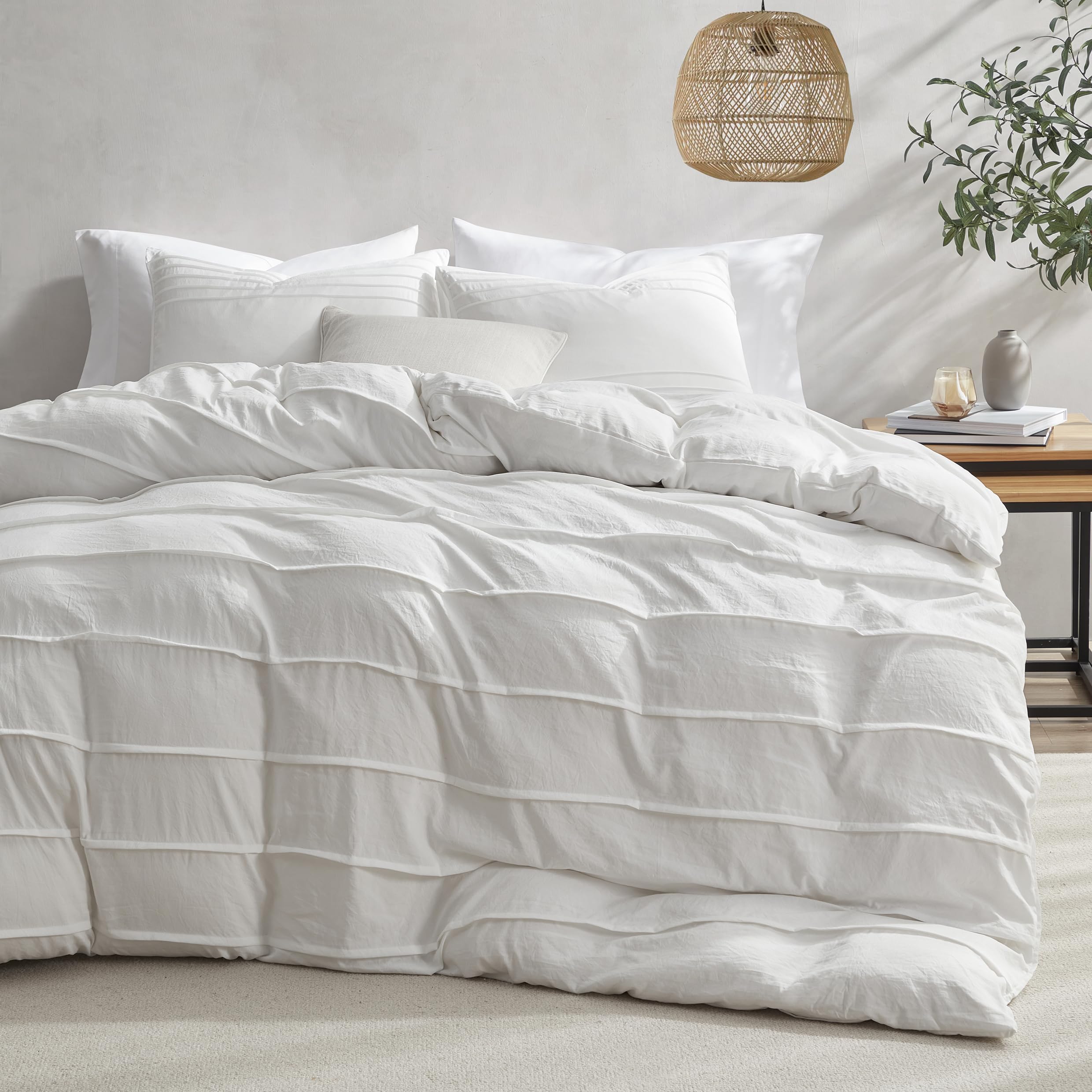 Oli Anderson White Duvet Cover Queen Size - Pleated Queen Duvet Cover, 3Pcs Soft And Breathable Textured Bedding Set With Zipper